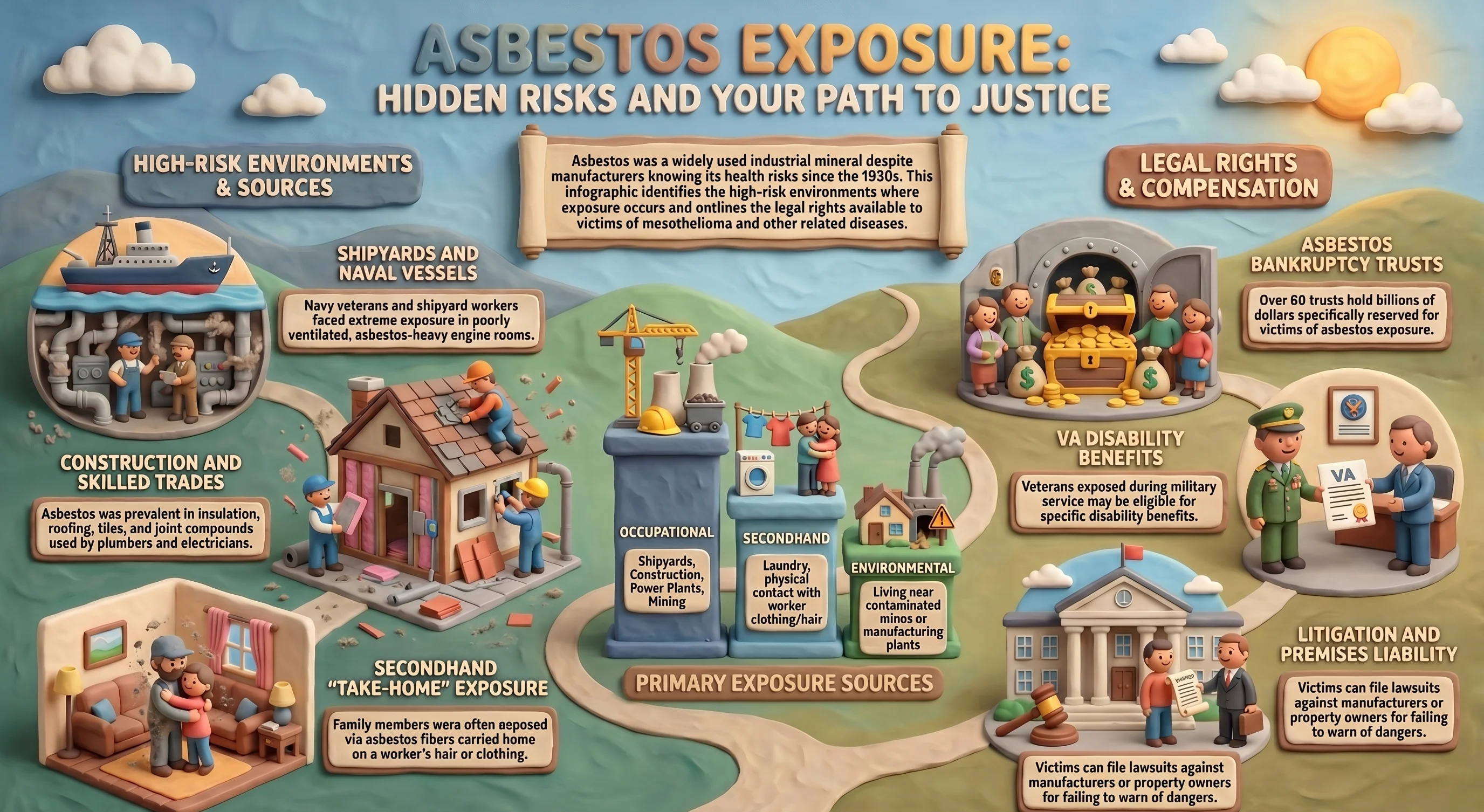 Asbestos exposure by industry infographic — shipyard workers, construction trades, boilermakers, military veterans, and auto mechanics at highest mesothelioma risk from occupational asbestos contact