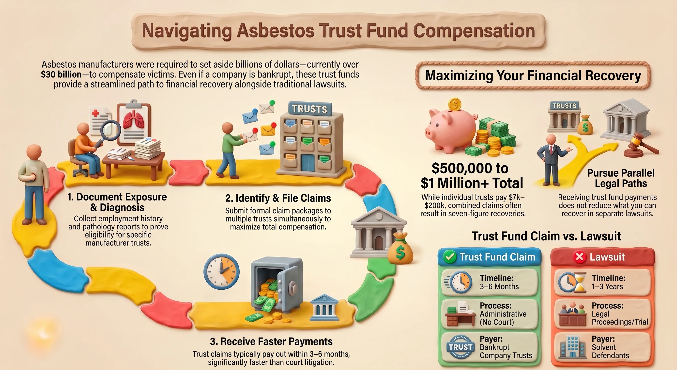 Asbestos trust fund claims process — mesothelioma victims filing with 60+ bankruptcy trusts holding over $30 billion in compensation for asbestos exposure victims