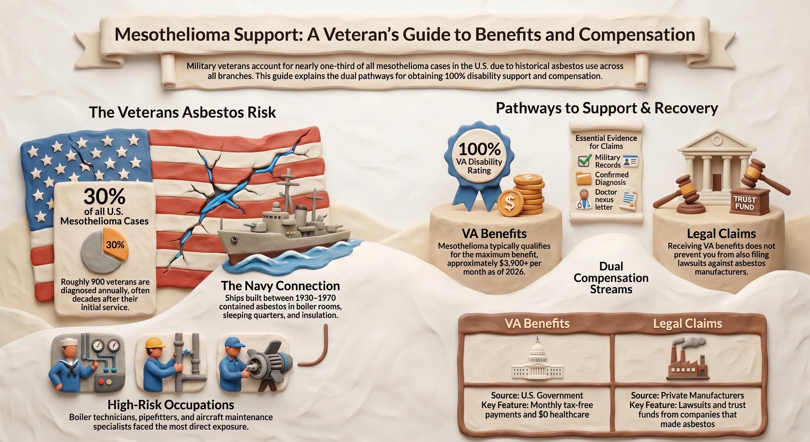 U.S. military veteran reviewing VA disability benefits claim for mesothelioma caused by asbestos exposure during naval service