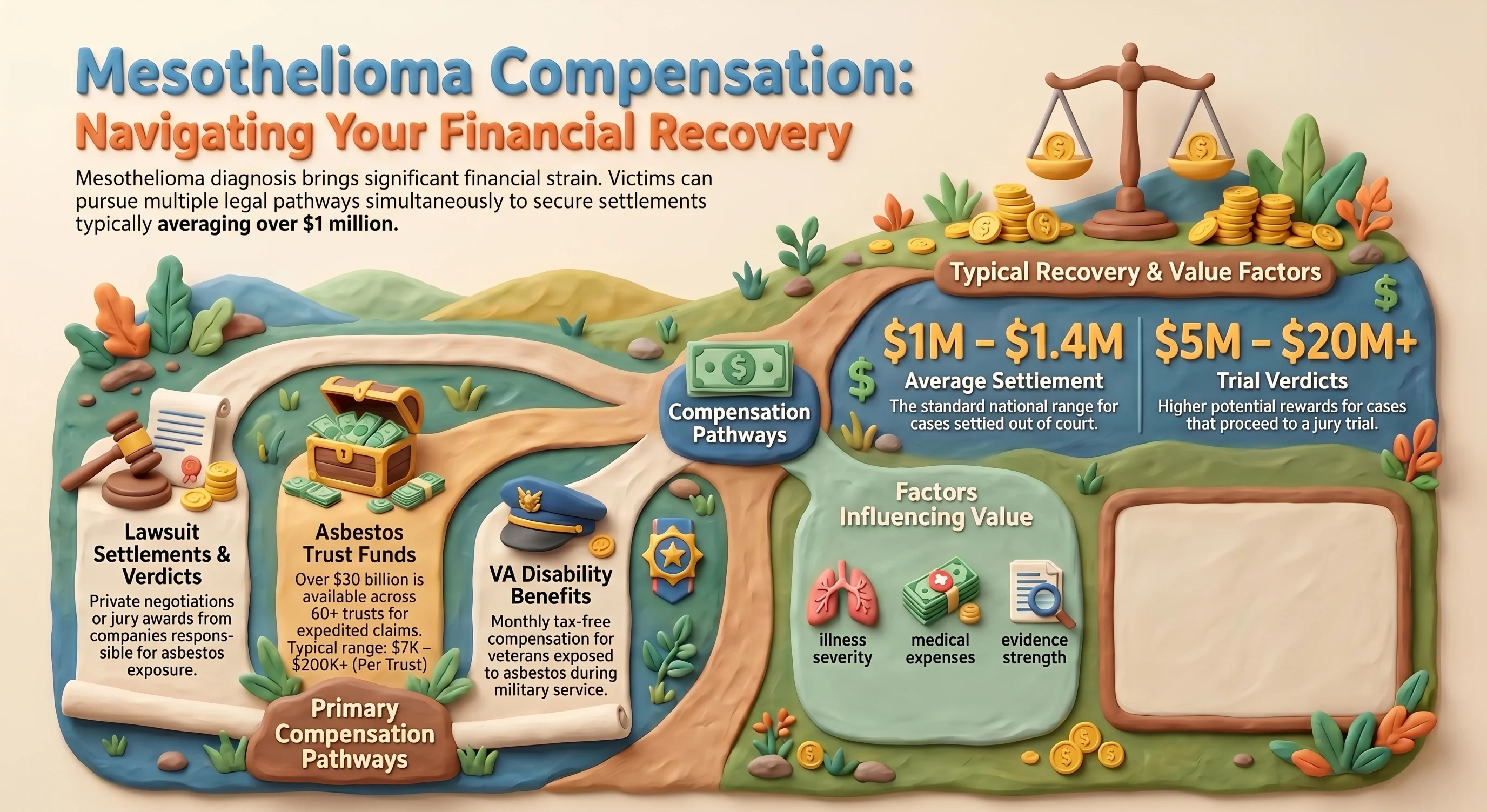 Mesothelioma settlement amounts — average lawsuit compensation $1M–$1.4M, trial verdicts up to $20M+, asbestos trust fund claims, and VA disability benefits for veterans exposed to asbestos