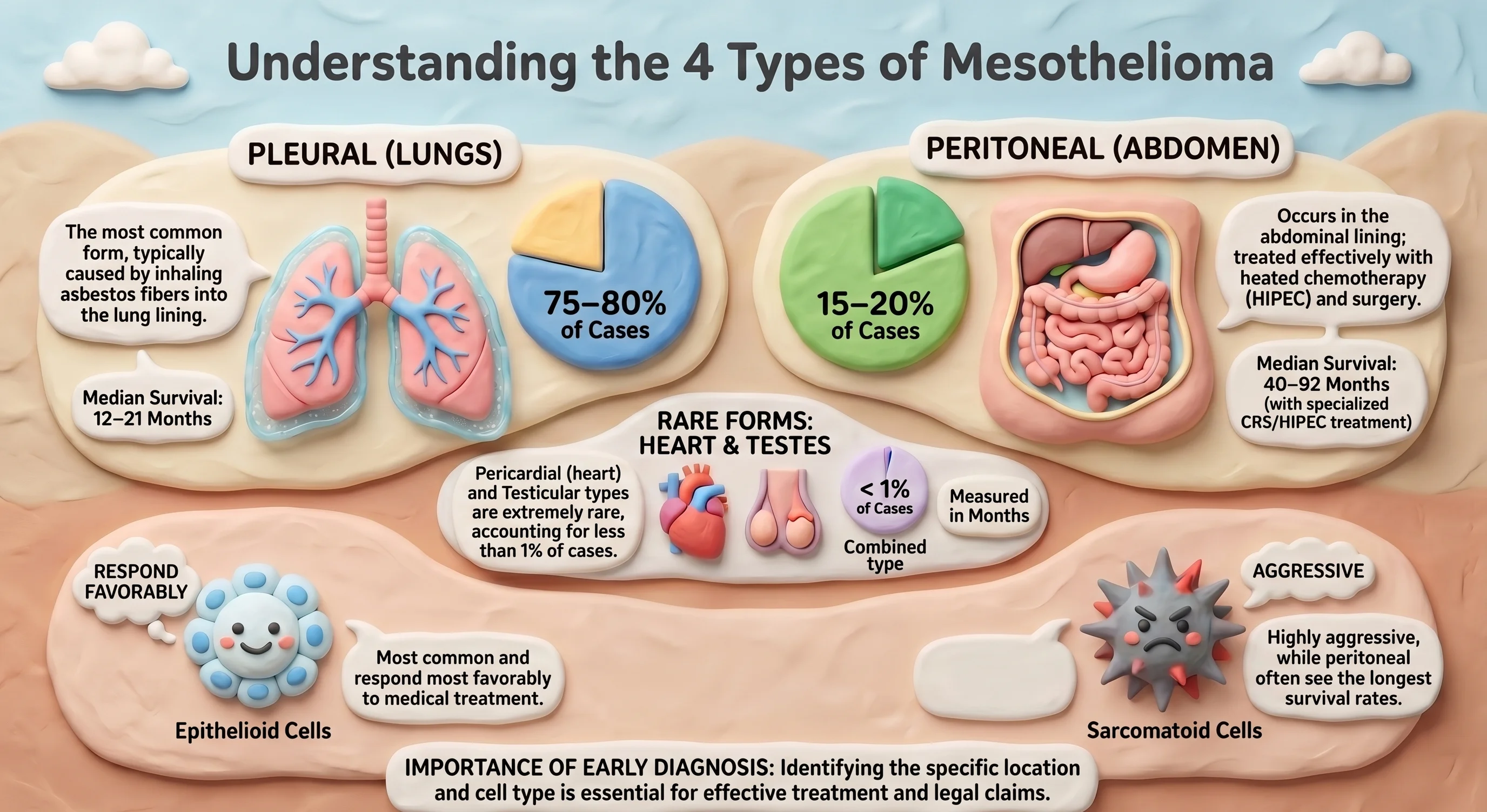 Types of mesothelioma by location — pleural (lungs), peritoneal (abdomen), pericardial (heart), and testicular, with cell types epithelioid, sarcomatoid, and biphasic and their effect on prognosis