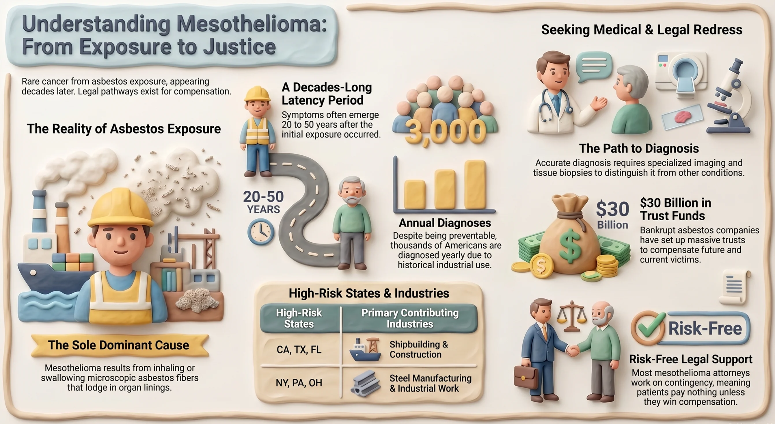 Mesothelioma infographic: asbestos exposure causes, pleural and peritoneal symptoms, affected organs, 20–50 year latency period, and legal compensation options for asbestos victims